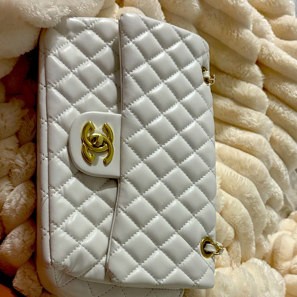White Quilted Leather Bag with Gold Accents